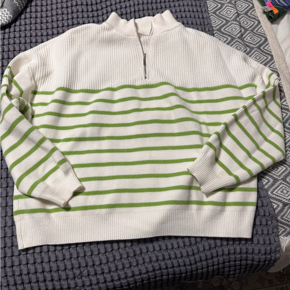 Green and white striped quarter zip women’s sweater size M